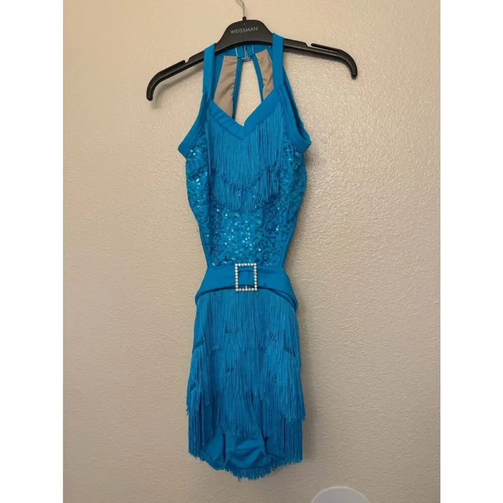 Weissman Elite Dance solo costume teal aqua Fringe Can You Do This D12439 XSA